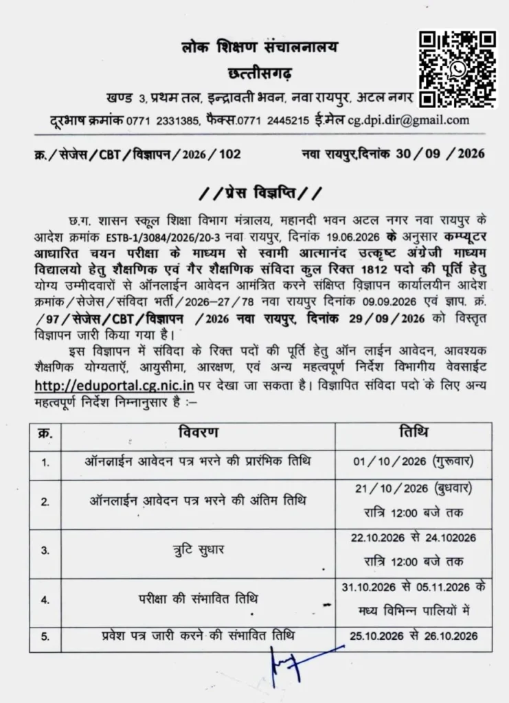 CG Atmanand Teacher Vacancy 2026